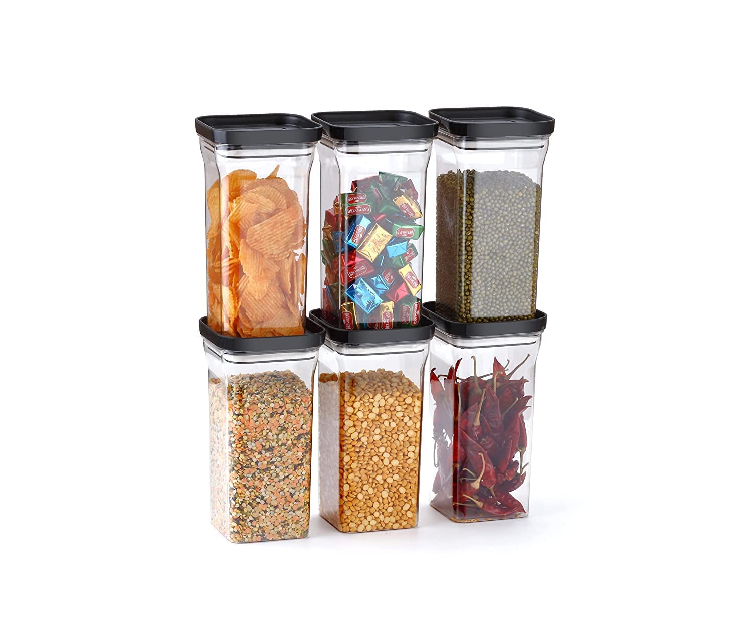 Juego de recipientes herméticos cuadrados de 1100 ml para cocina, organización de despensa, sin BPA, aptos para lavavajillas (negro, 6)