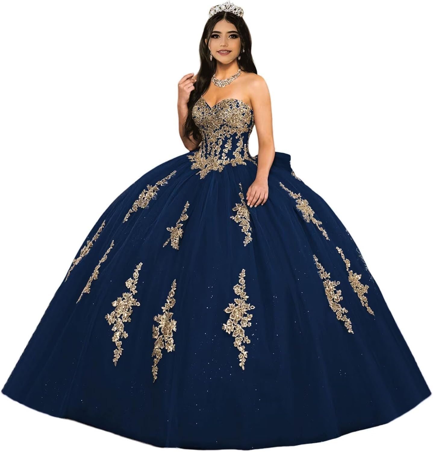 Fuomomo Women's Navy Gold Lace Appliques Sweetheart Quinceanera Dresses Puffy Ball Gowns Strapless Prom Dresses With Bow Mt035