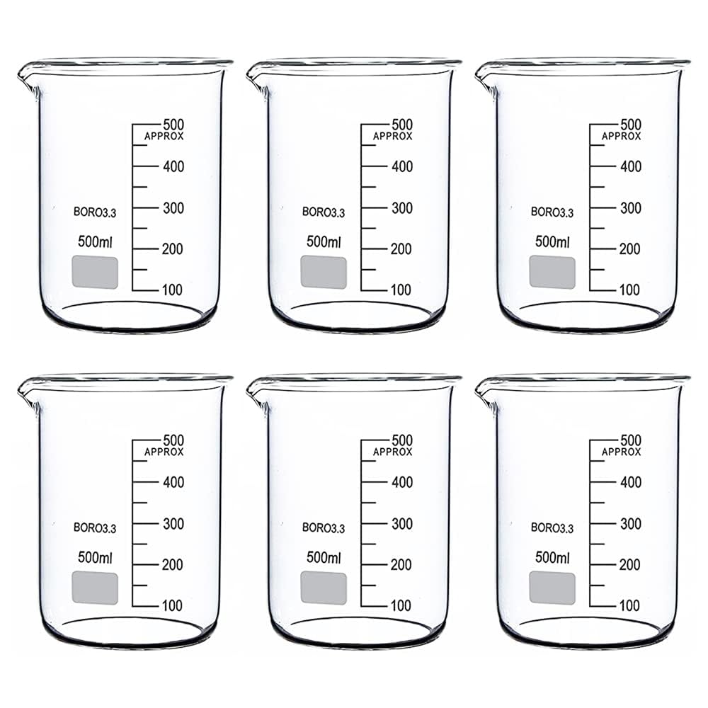 GLAB Borosilicate Glass Beaker 500ml – Set of 6 | Heat-Resistant Laboratory Beakers with Graduated Markings | Lab, School, and Industrial Use