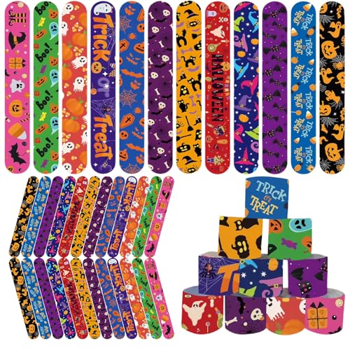 24 pulseras de fiesta de Halloween, pulseras de palmada, calabaza, esqueleto, fantasma, telaraña, telaraña, gato, negro, pulseras para bolsas de truco o trato, suministros de fiesta de Halloween
