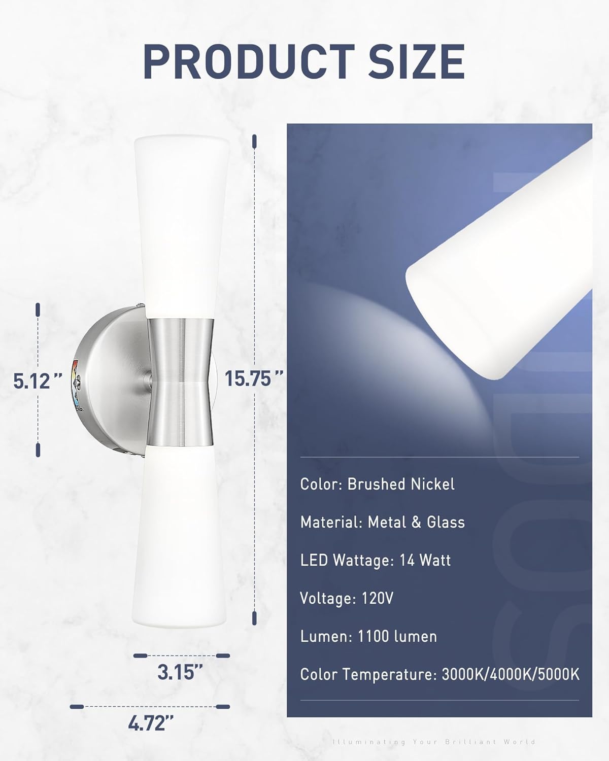 kudos Bathroom Sconces Set of 2,16inches Brushed Nickel Vanity Light Fixtures, Modern Sconces Wall Lighting with Milk White Glass, Dimmerable 3000K/4000K/5000K for Bedroom Hallway, KDVL13-BN-2PK