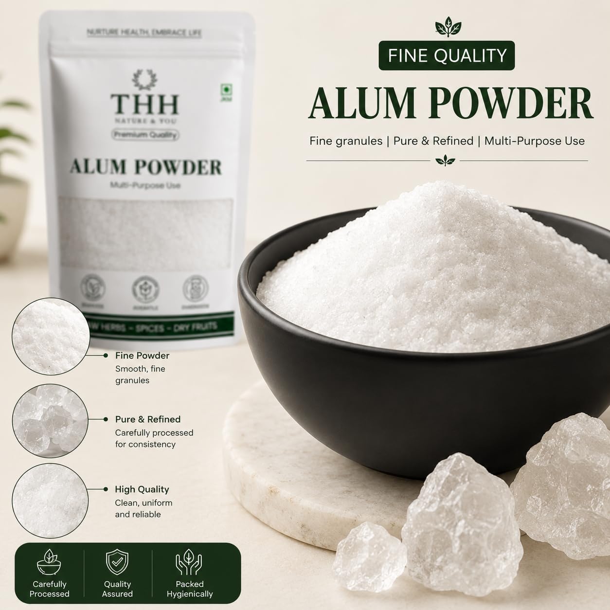 THH Pure Alum Powder (350g) | 100% Natural Fitkari Fine Granules for Skin Tightening, Pore Refining Oil Control, and Daily Shave Grooming | Multi-Purpose Powder for Water Purification & Household Use 1
