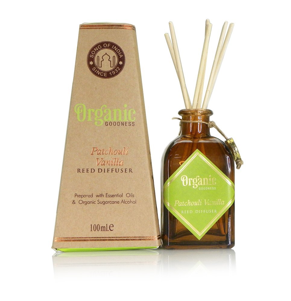 Song of India Organic Goodness Reed Diffuser in Amber Coloured Glass Jar with 6 Sticks for Home Fragrance (Patchouli Vanilla)
