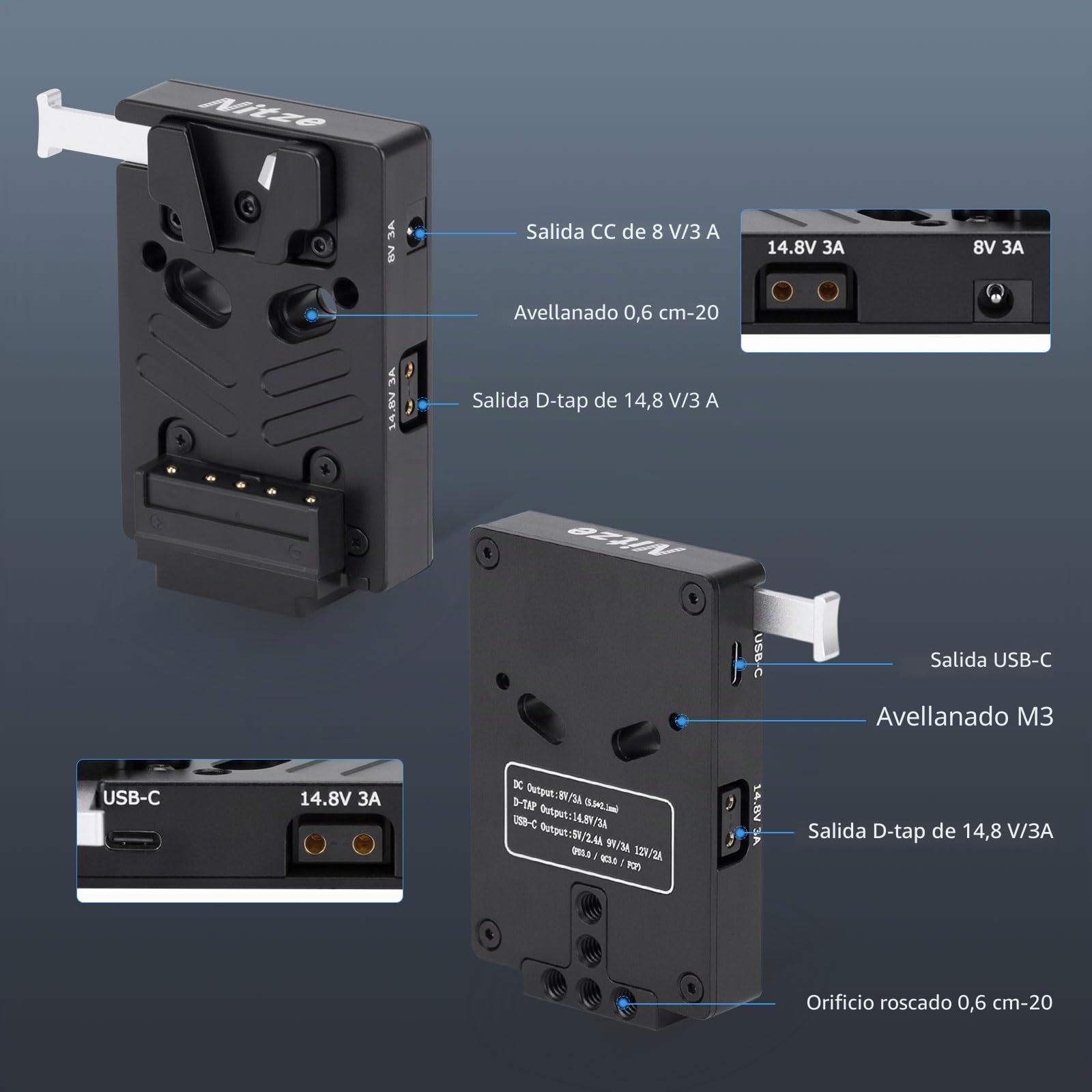 Nitze Placa de batería universal Mini V, placa de montaje V-Lock con un CC de 8 V/3 A, dos puertos de salida D-tap de 14,8 V/3 A y un PD 3.0 USB-C N21-D6