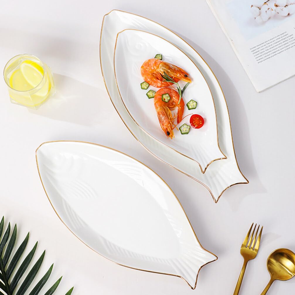 BESTonZON Piatto da Portata a Forma di Pesce in Ceramica Bianca