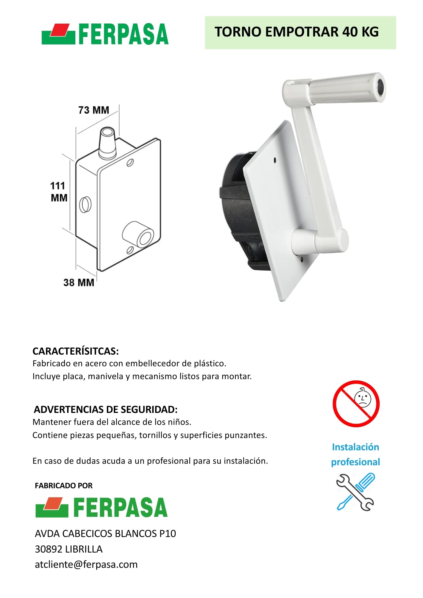 FERPASA® - Torno Empotrar para Persianas con Manivela hasta 40 kg – Elevador de Persiana Manual - Mecanismo de Recogida Empotrado para Ventanas