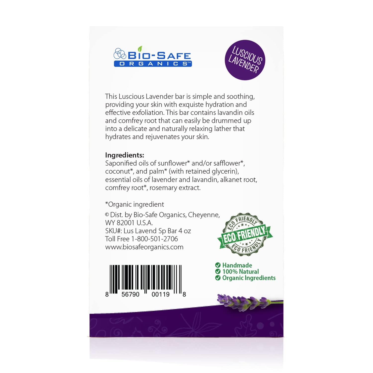 Bio-Safe Organics Luscious Lavender Organic Soap | 100% Organic Handmade Luxurious Bath Soap | All Natural Soap| Relaxing Aromatherapy for All Skins | 100% Natural and Moisturizing 4 Oz/Pack of 3