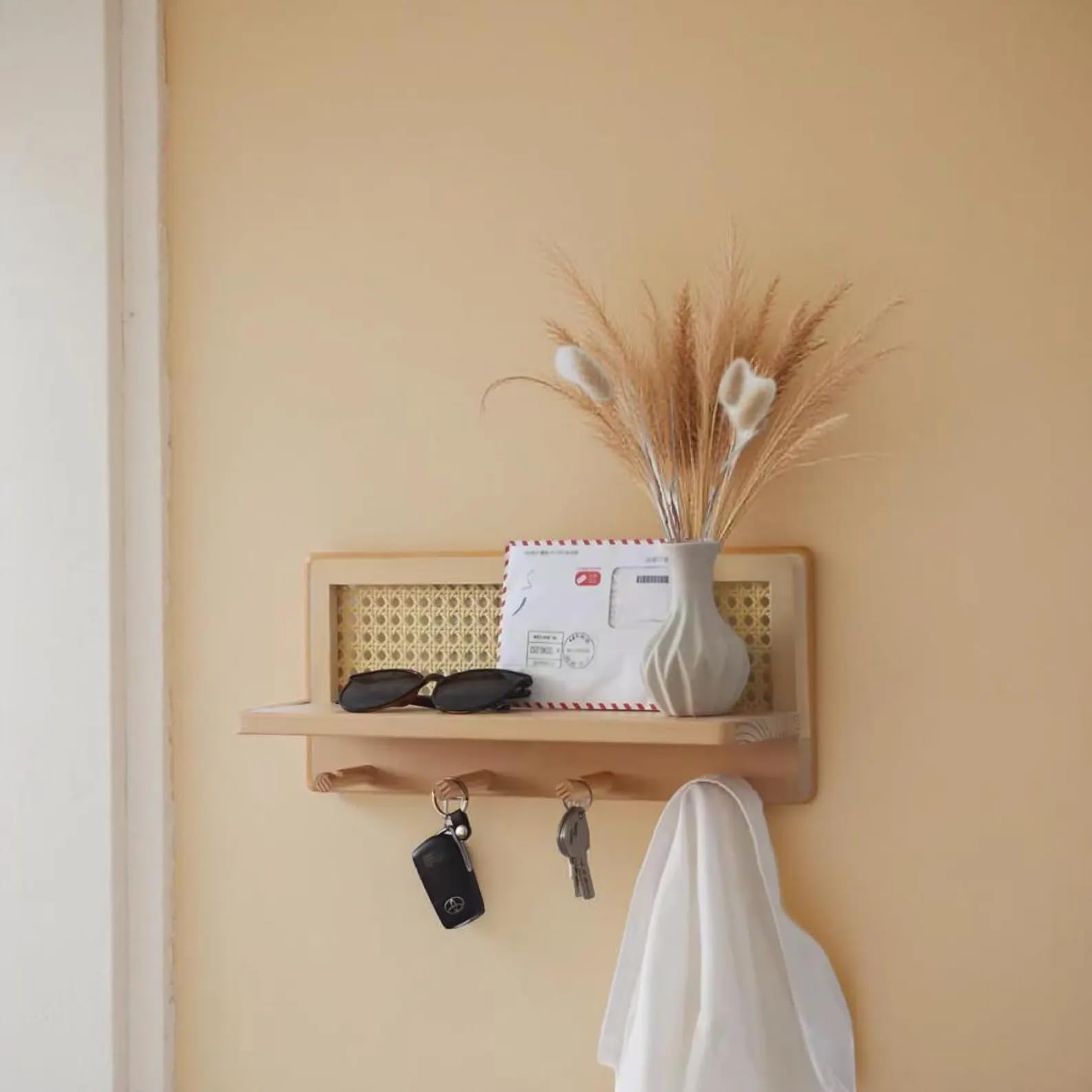 Wooden Wall Key Holder with Hooks, Boho Rattan Storage Rack, Rustic Key Holder Organizer for Entryway, Kitchen, or Living Room Décor | Natural Finish-image-7