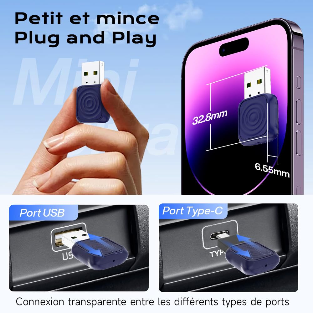 Carlinkit Mini Ultra Adaptateur sans fil CarPlay & Android Auto – Dongle Plug & Play pour iPhone & Android, Convertit câblé en sans fil, USB-A/USB-C, compatible avec les voitures OEM câblées
