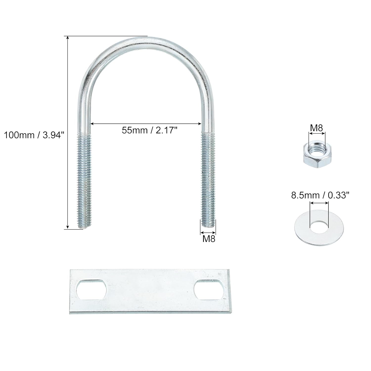 uxcell Round U-Bolts, 6 Set 55mm Inner Width 100mm Length M8 Zinc-Plated Carbon Steel U Clamp Bolt with Nuts and Plates, for Boat Trailer