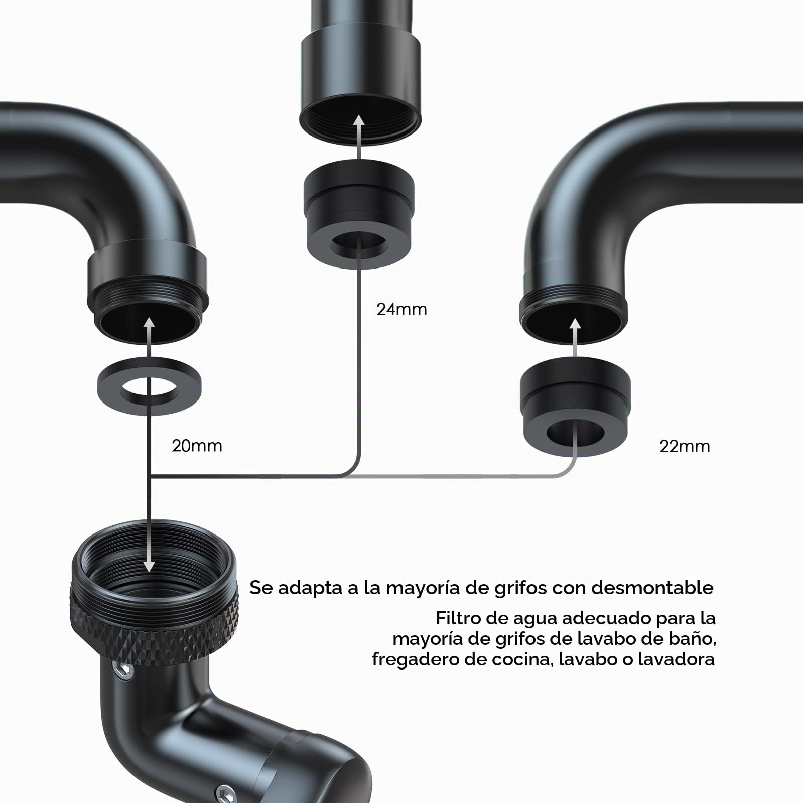 Aoresac 1440° Aptador Grifo Lavabo,Grifo Giratorio Extensor Aireador de Grifo Duradero a Prueba de Salpicaduras 2 Modos de Agua Ajustables, Aplicables M20 M22 M24 (Negro)