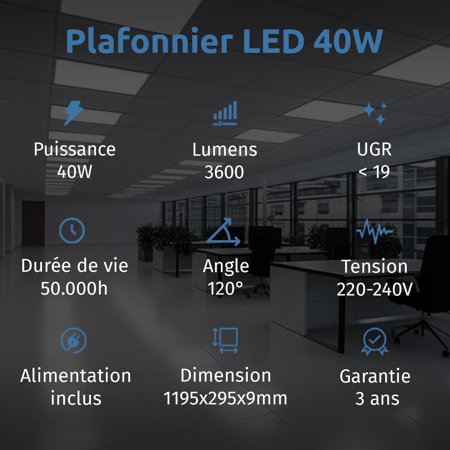 Europalamp - 6 Dalles LED 120x30 cm 40W - Lumière Blanc Froid 6000k 3600Lm Haute Luminosité - Diffuseur Réducteur d'Éblouissement et d'Inconfort - Adaptation aux Faux Plafonds Sans Modification