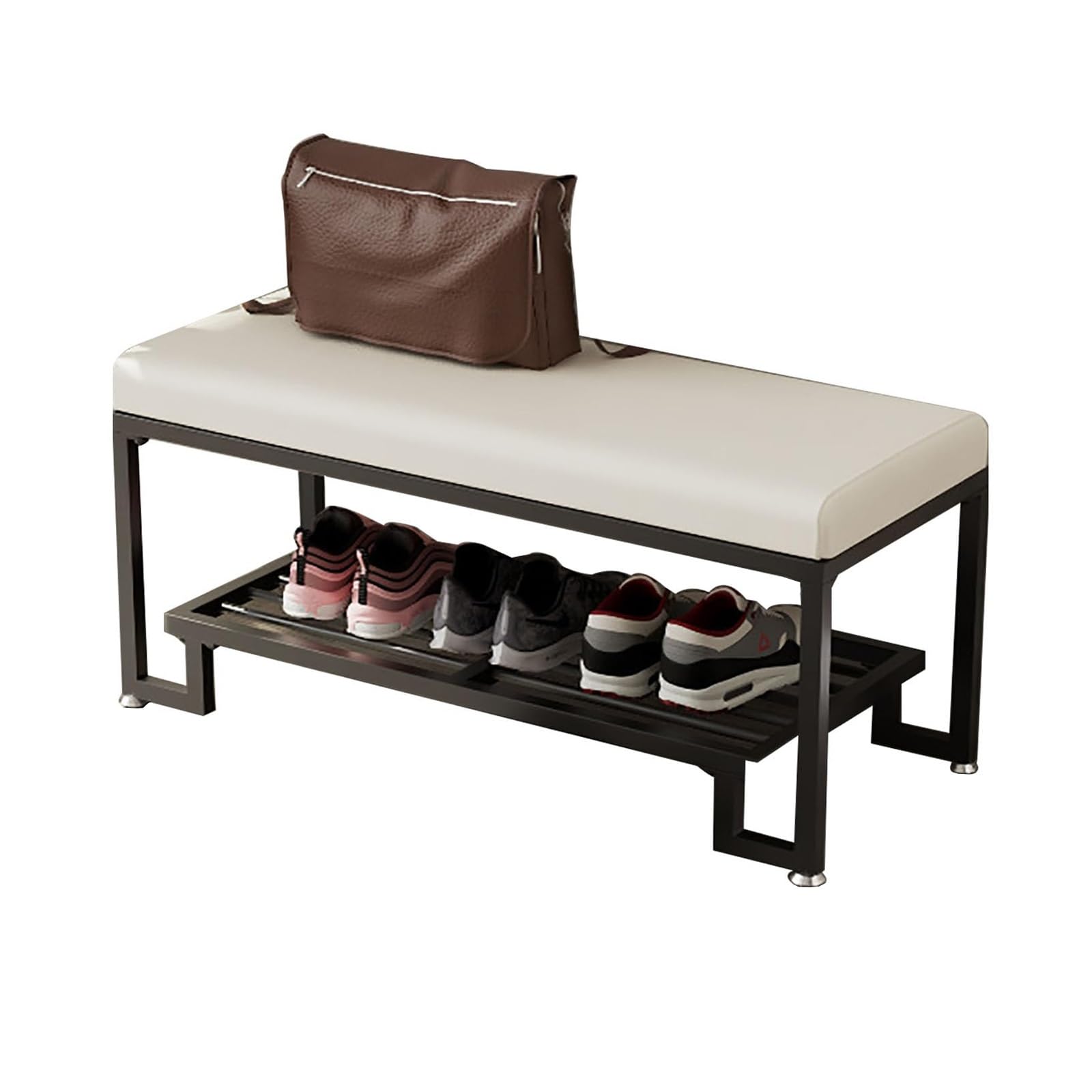 WJFTODAY Shoe Storage Bench with Cushion Entryway for Shoes Metal Upholstered Rack Stylish Stool for Hallway Living Room Balcony (White Black Legs 50cm)