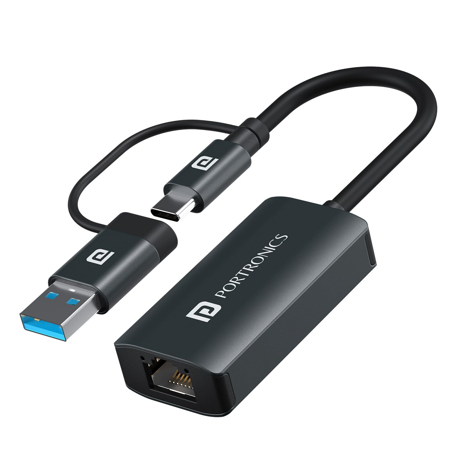 Portronics Mport X1 Gigabit Ethernet Adapter with Dual Plugs (Type C + USB), RJ45 LAN Port, 1000 Mbps Internet Speed, 50 cm Long Cable, Compatible with Laptop & Desktop (Grey)