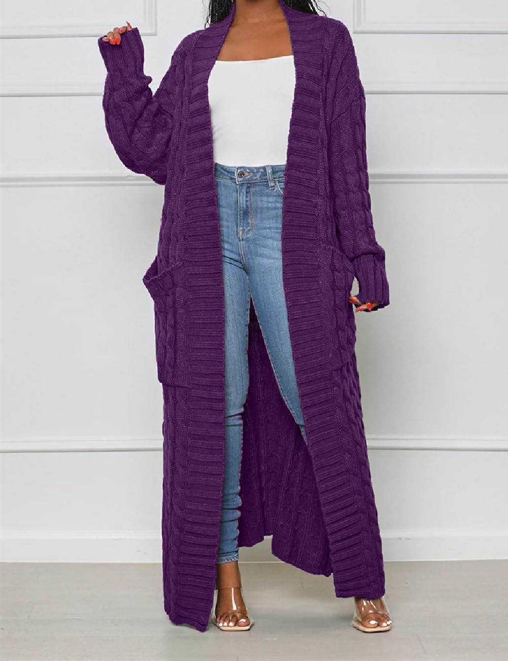 A ADILACA Women's Thin Type Stylish Cable Knit Cardigan with 2-Pockets, Women's Extra Long Ankle Length Sweater - Image 5