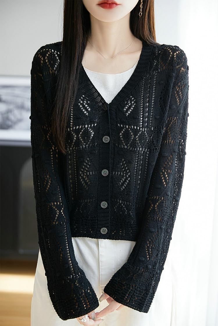 Generico Coprispalle Donna, Cardigan Leggero da Donna con Maniche Lunghe Traforate, Maglione Lavorato A Maglia con Bottoni, Maglia in Rete Trasparente, Capo alla Moda Estivo per Lavoro in Ufficio E