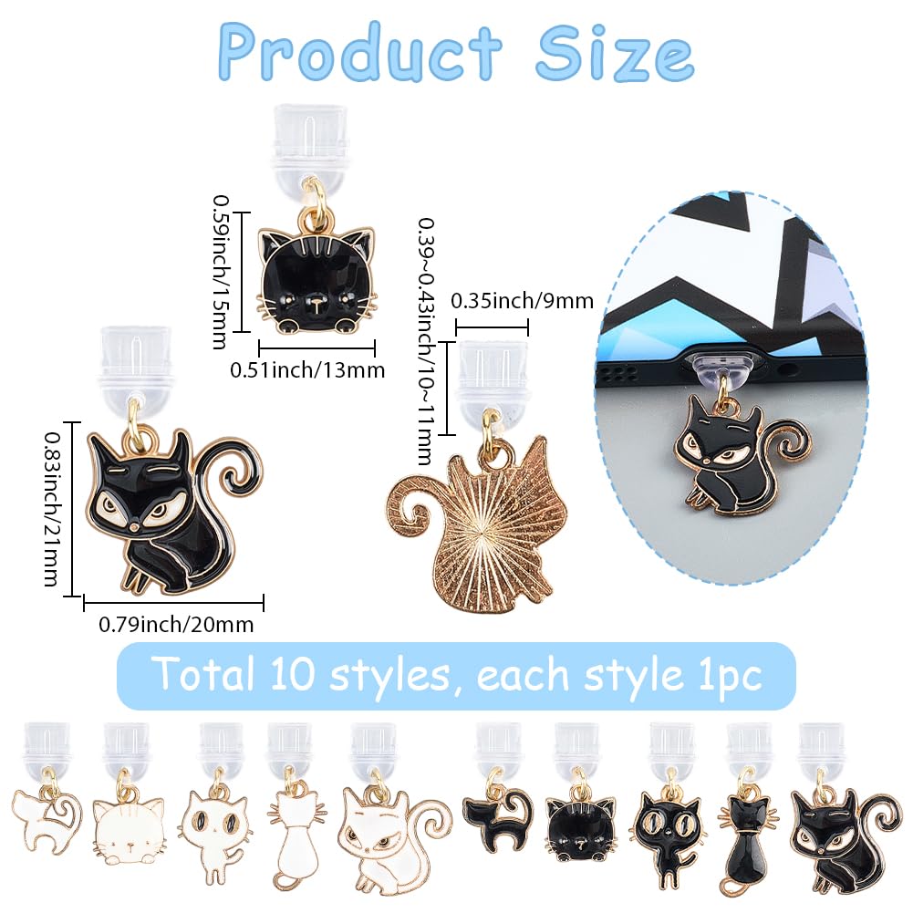 SUNNYCLUE 1 boîte de 10 Styles de Breloques Anti Poussière pour Téléphone de Type C en Métal Noir et Blanc Motif Chat Mignon Protection Anti Poussière pour Téléphone Portable pour Écouteurs Nettoyeur