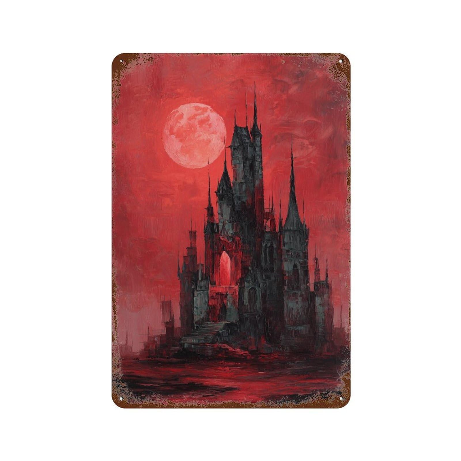 Gothic Castle with Blood Moon Weathered Tin Sign 11.8"x7.9", for Basement, Hobby Room And Garage Decor, Rustic Home Decor