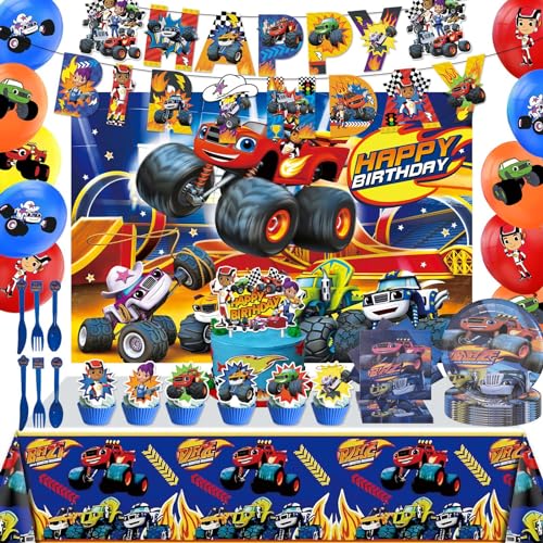 121 Pcs Monster Truck Birthday Party Supplies Included Banner Backdrop Tablecloth Plates Balloon Racing Car Tableware Set for Boy Truck Party Decorations