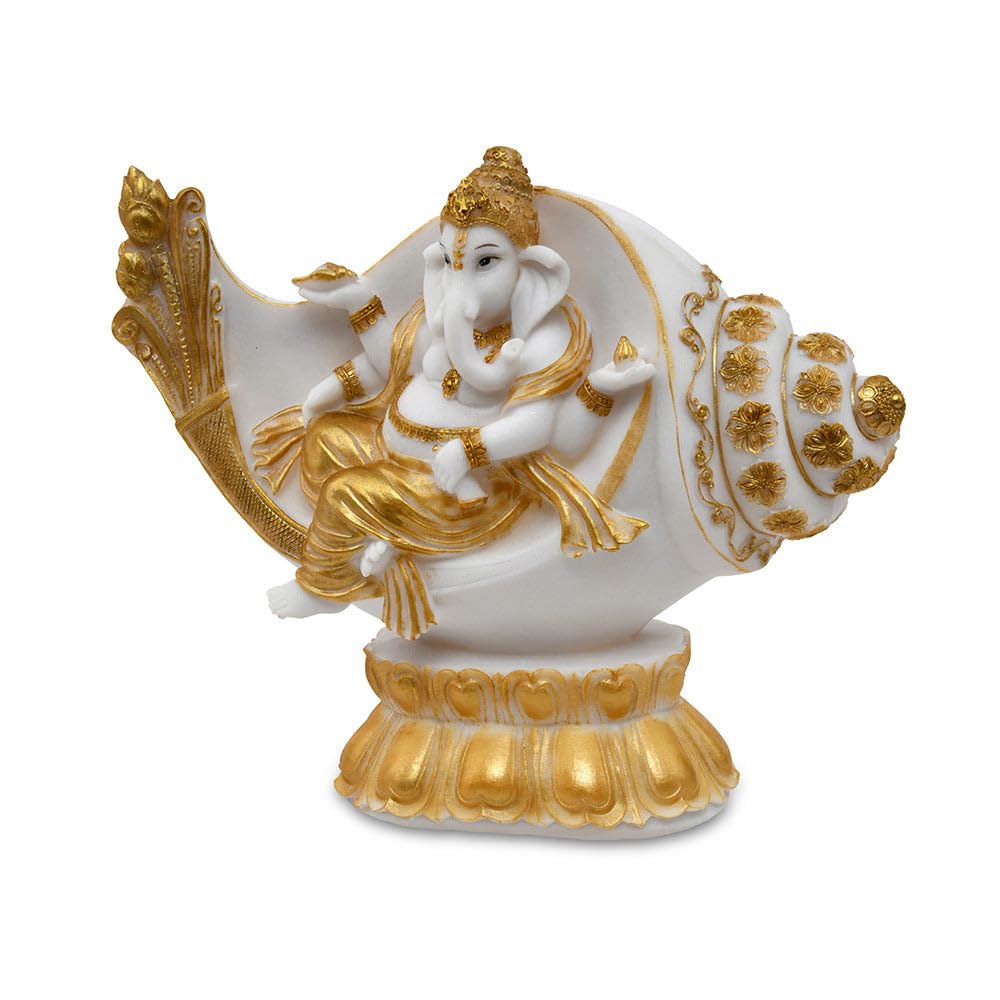 @home Ganesha On Shankh Polyresin Showpiece Decoration, Office, and Gifting |White and Gold by, Fantasy, 28 Cm, 28 Cm 2