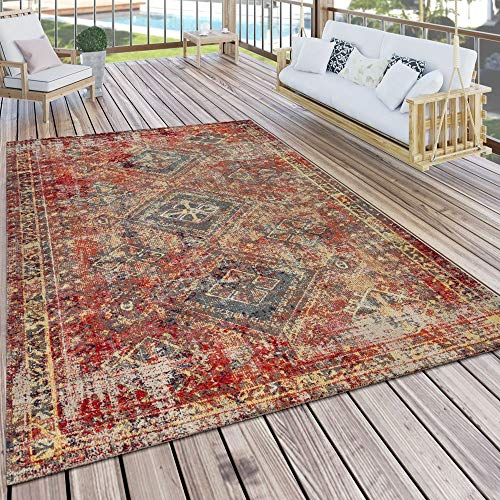 Paco Home Alfombra de Exterior, Terraza, Roja, Balcón Diseño Oriental, Robusto Resistente a la Intemperie, tamaño:60x100 cm