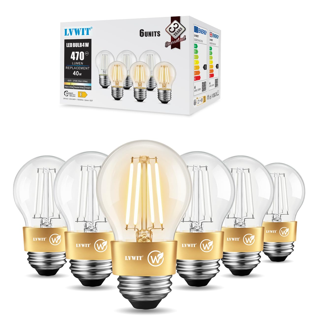 LVWIT Lampadine Filamento LED Attacco E27 G45,Filamento Bianco, 4W Equivalenti a 40W, 470LM, Luce Bianca Calda 2700K, Non Dimmerabile, Alto CRI≥80, Confezione da 6