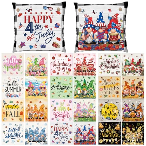 Hahafelt 2 Pcs Seasonal Holiday Throw Pillow Cover 18 x 18 Inch with 24 Interchangeable Pillow Panels Happy 4th of July Gnome Square Pillowcase for Summer Home Office Farmhouse Couch Sofa Decor