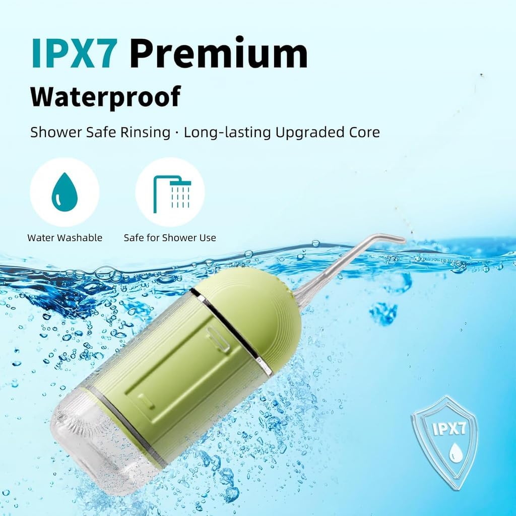 Water Flosser [ Mini Cordless Portable ] Oral Irrigator Water Teeth Cleaner Pick, Telescopic Water Tank, 3 Modes & IPX7 Waterproof, Home & Travel Water Floss for Teeth, Braces Bridges Care (Green)