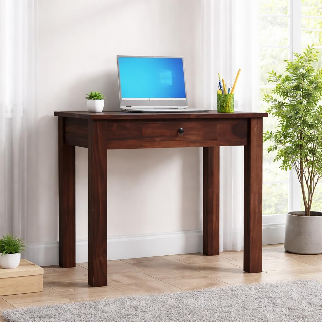 Sheesham Wood Study Table with 1 Drawer | Wooden Computer & Laptop Writing Desk for Adults | Work from Home Workstation with Storage Shelf | Solid Wood Office & Furniture – Walnut Finish-image-14