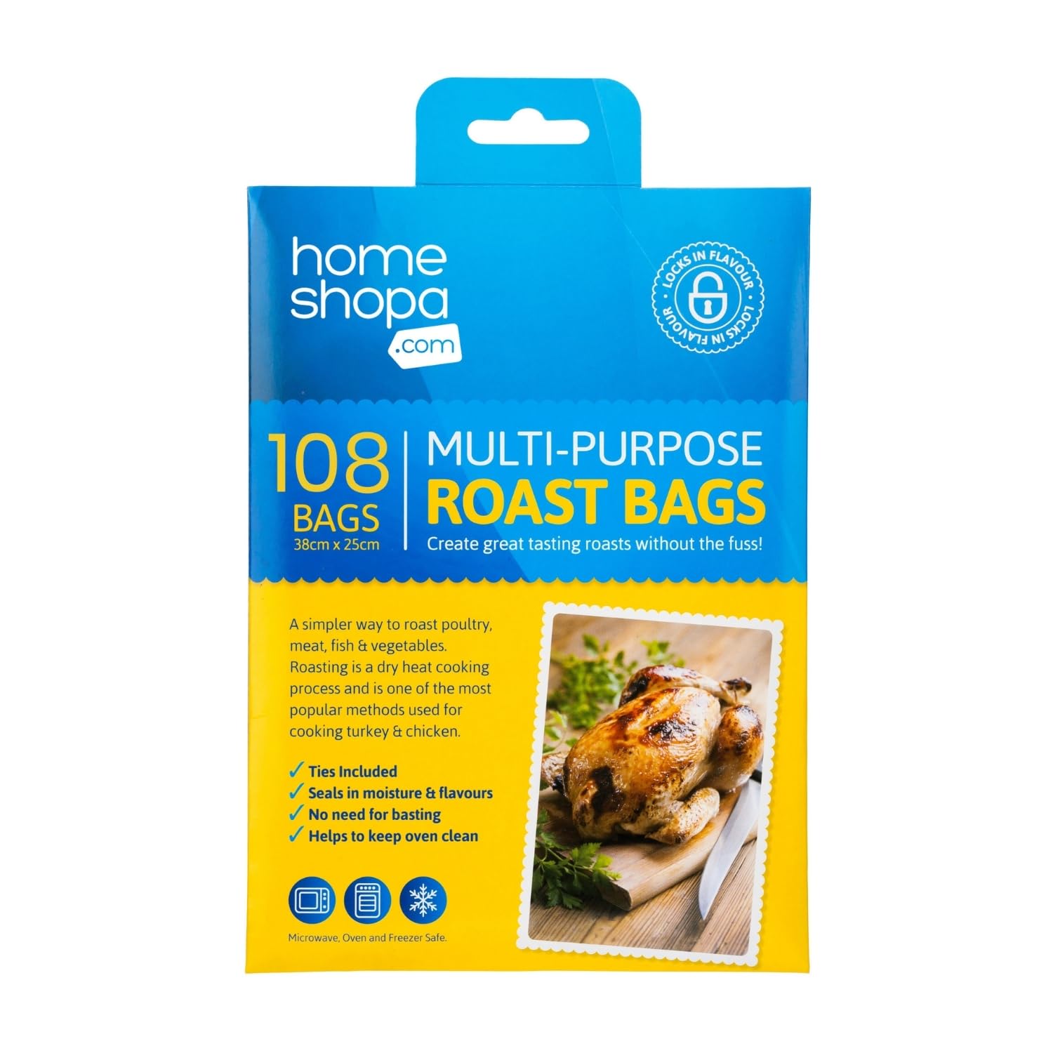 Homeshopa Roasting Cooking Bags with Clips, 108 Piece Turkey Chicken Oven Bag for Meat Poultry Fish Ham Seafood Vegetable Chicken Oven Cooking Bags, Oven & Microwave Safe, Transparent 38 x 25 cm