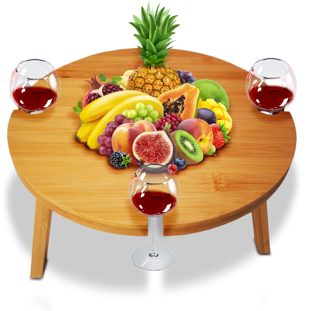 BAKAJI Tavolino da Aperitivo in Legno Bambù, Tavolo da Campeggio Portatile con Gambe Pieghevoli, Vassoio Salvaspazio con 4 Spazi Portabicchieri, Ideale per Camping, Esterno, Picnic, Giardino, Spiaggia