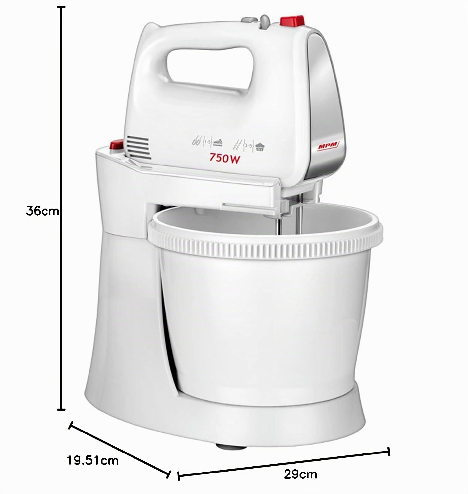 MPM MMR-22Z Impastatrice per Pasticceria con 2 Ciotole Rotanti da 3 L, senza BPA, 5 Velocità + Turbo, Aste e Gancio per Impastare in Acciaio Inox, Bianco, 750W