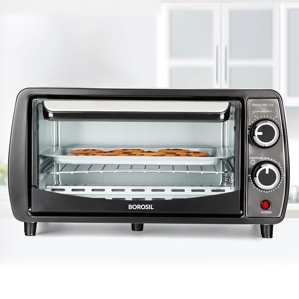 Borosil Prima Pro 10 Litres Oven Toaster Griller | 800W Heating Element, Temprature Control, 0-60 min Timer | Pizza Oven, Cake Oven for Baking | 1 year Warranty