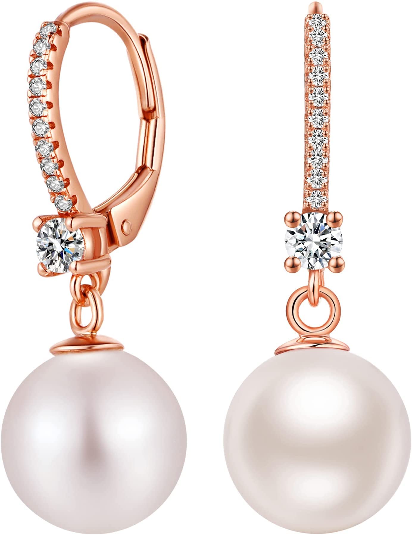 Jiahanzb Pearl Dangle Drop Earrings for Women 925 Sterling Silver Pearl Leverback Earrings Cubic Zirconia Pearl Dangling Earrings 10MM