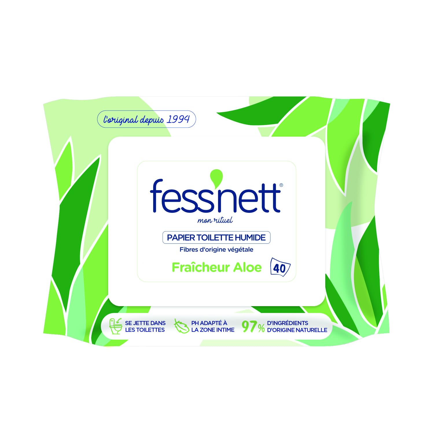 fess'nett Papier Toilette Humidifié Vert Aloe 40 Feuilles | 100% Fibres Végétales, 96% d'Eau, PH Neutre, Sans Parfum et Parabène, Usage Intime Adulte Enfant