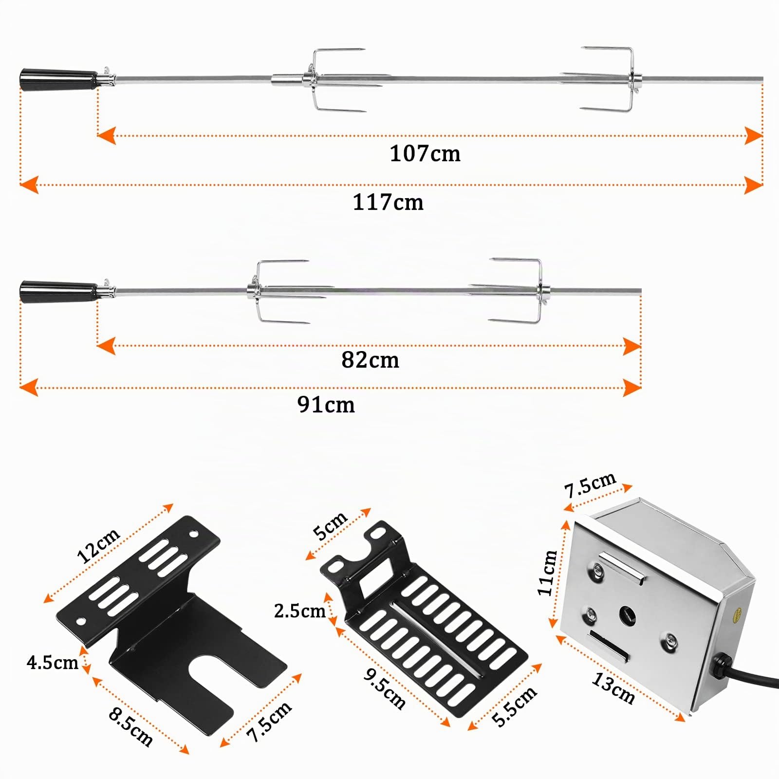 ACXIN Set spiedi elettrici in acciaio inox, 107 cm, motore, spilli da carne, spiedo girevole, griglia 2 forchette, per campeggio, feste, giardino, picnic (220-240V)