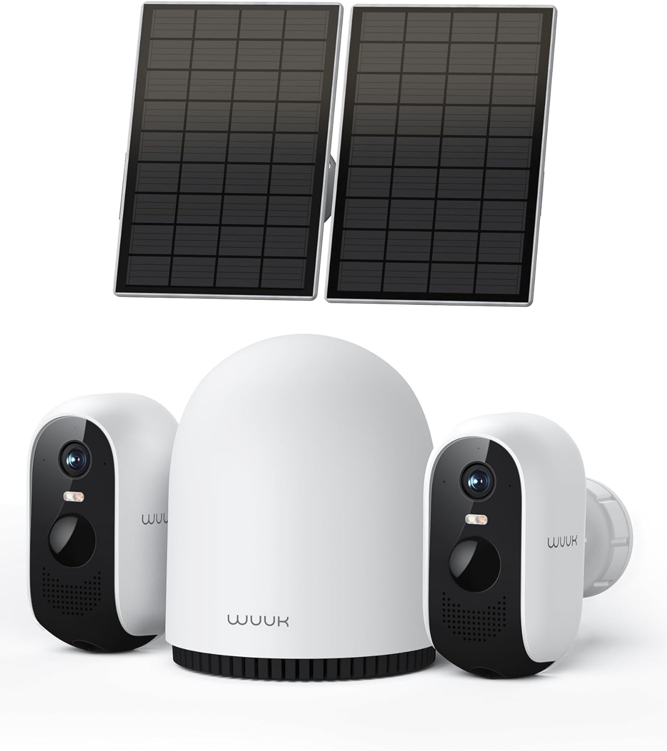 WUUK Solar Überwachungskamera Aussen Akku 2K, Kamera Outdoor | Ohne ABO, 32 GB Lokalem Speicher, Nachtsicht, 2.4/5GHz WLAN, Kompatibel Mit Alexa & Google, Basisstation + 2-Kamera-Set