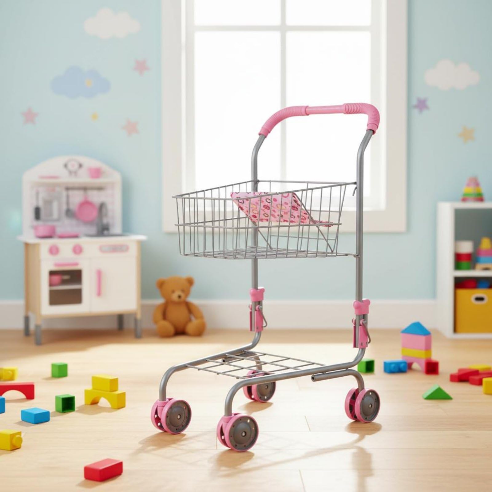 Spielzeug-Einkaufswagen aus Metall realistisches Design Mini-Supermarktwagen einfache Montage Puppen-Einkaufswagen mit Sitz für Kinderzimmer