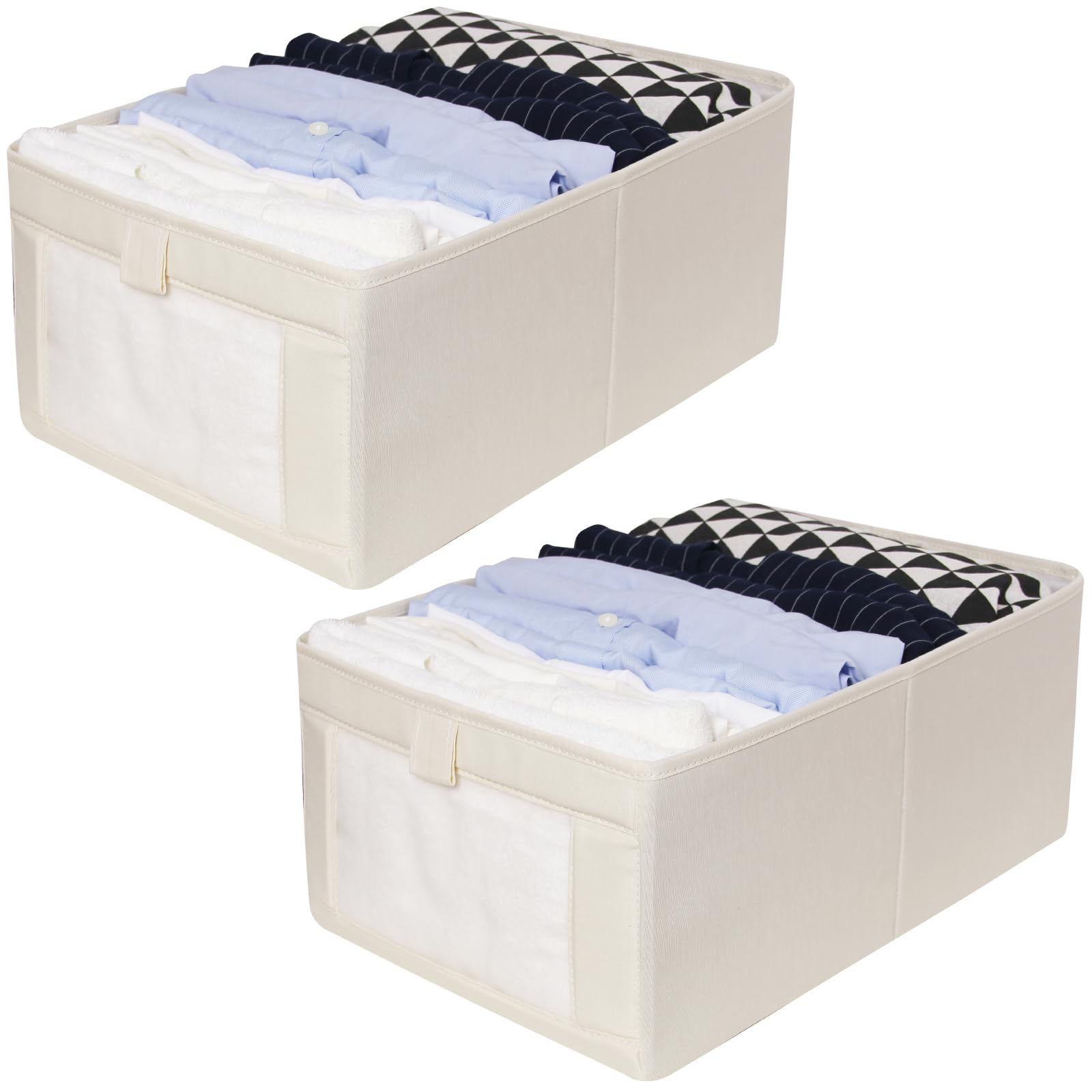 IHOMAGIC Set di 2 Organizer Armadio Impilabile, Contenitori Vestiti Pieghevole con Finestra Trasparente, Scatole Portaoggetti Multifunzionale per Intimo, Libri, Snack, Beige