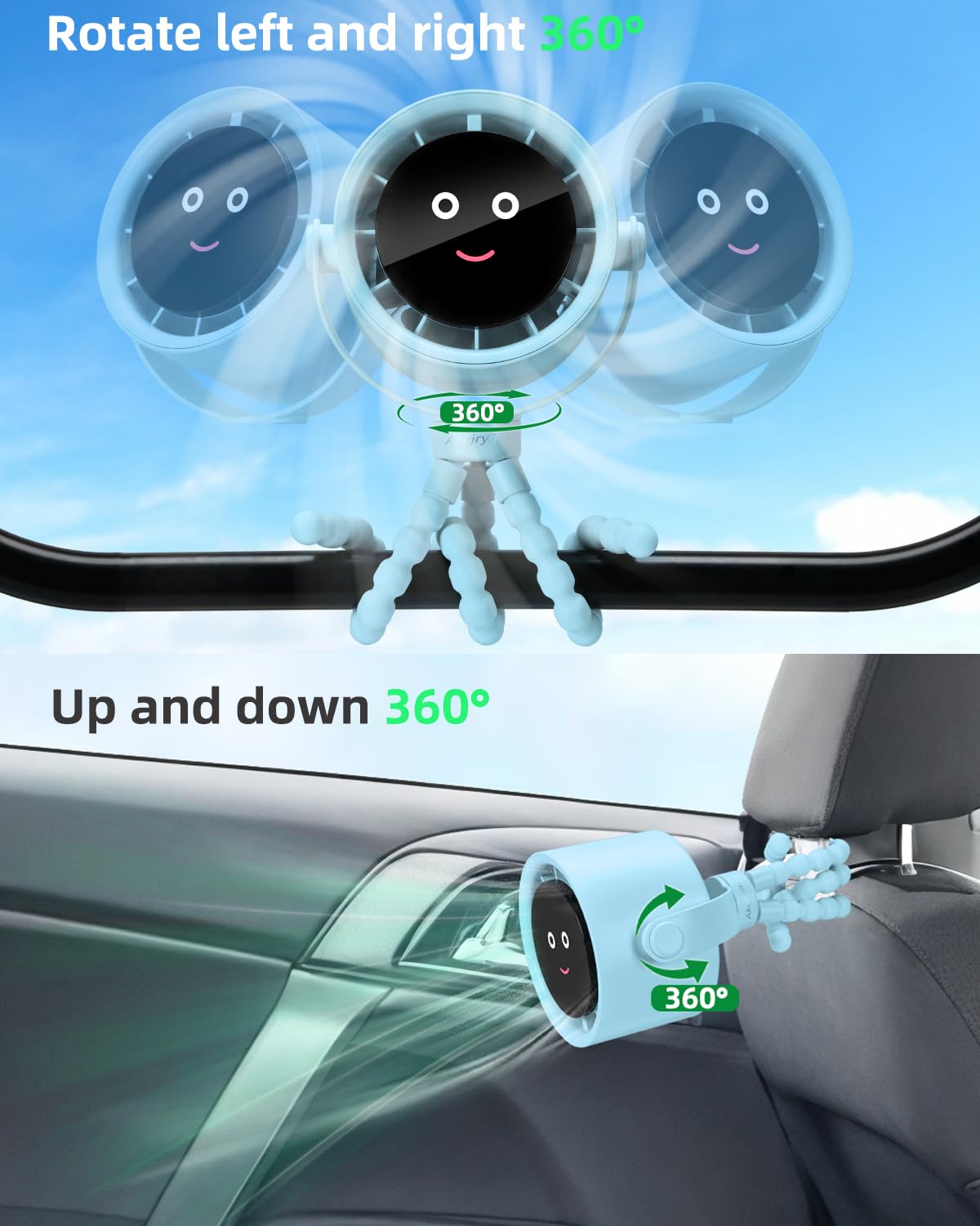 Akejrym Ventilatore per passeggino portatile, ventilatore personale da viaggio, Air Turbo Tech e display digitale, rimovibile a 5 velocità, ricaricabile, rotazione a 360°, treppiede flessibile, per