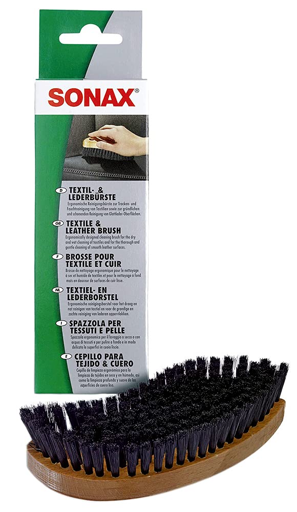 SONAX Pulvérisateur à mousse (1000 ml) & Brosse pour textile et cuir (1 pièce) ergonomique avec des poils souples pour le nettoyage à sec ou associée à un produit | Réf: 04167410