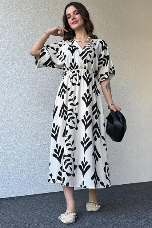 Image of Women's Summer Midi Dress - Floral Print V-Neck Casual Loose Fit Beach Dress with Short Sleeves and Elastic Waist 100% Cotton, Black and White