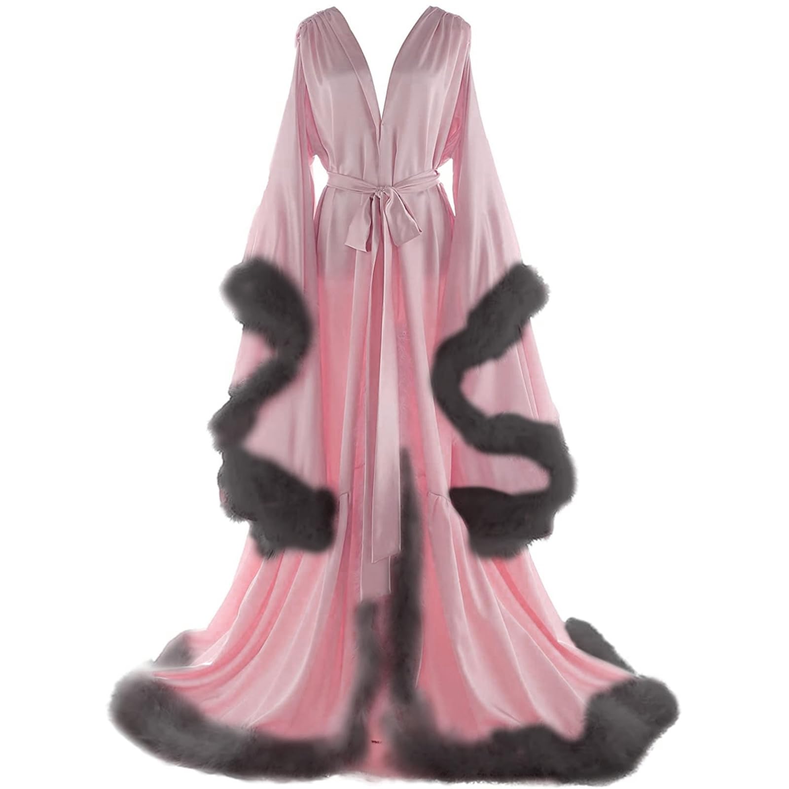Daily Life Mall Women's Feather Bridal Robes Old Hollywood Maternity Photoshoot Nightgown Silk Bathrobe Long Lingerie: X-Large Blush Pink+black