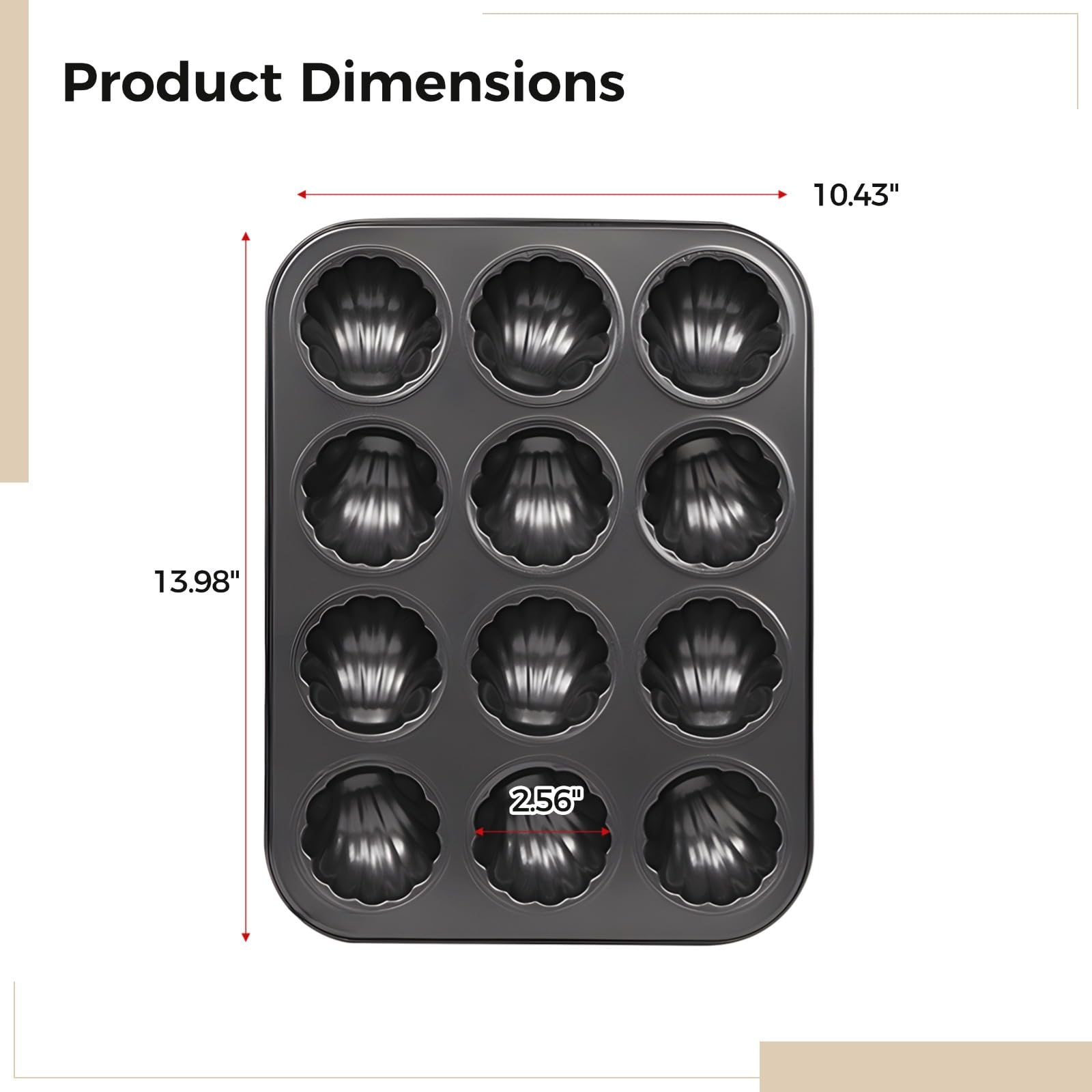 Moule à mini cakes 12 cavités, moule cannelé antiadhésif en acier carbone pour cuisson, idéal pour madeleines, brownies, muffins, utilisable au four jusqu'à 450 °F, démoulage facile, noir