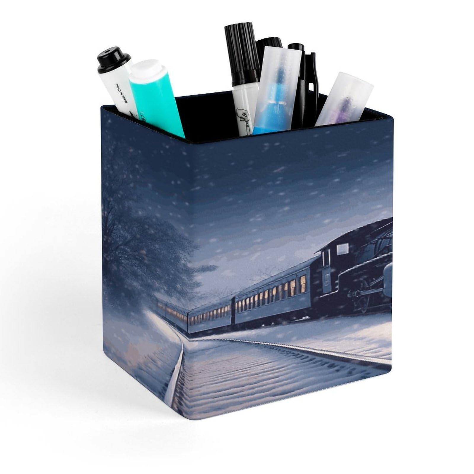 LZQPOEAS Winter Christmas Snow Night Railway Train Square Pen Pencil Holder PU Leather Pencil Cup Desktop Stationery Organizer Office Accessories Container