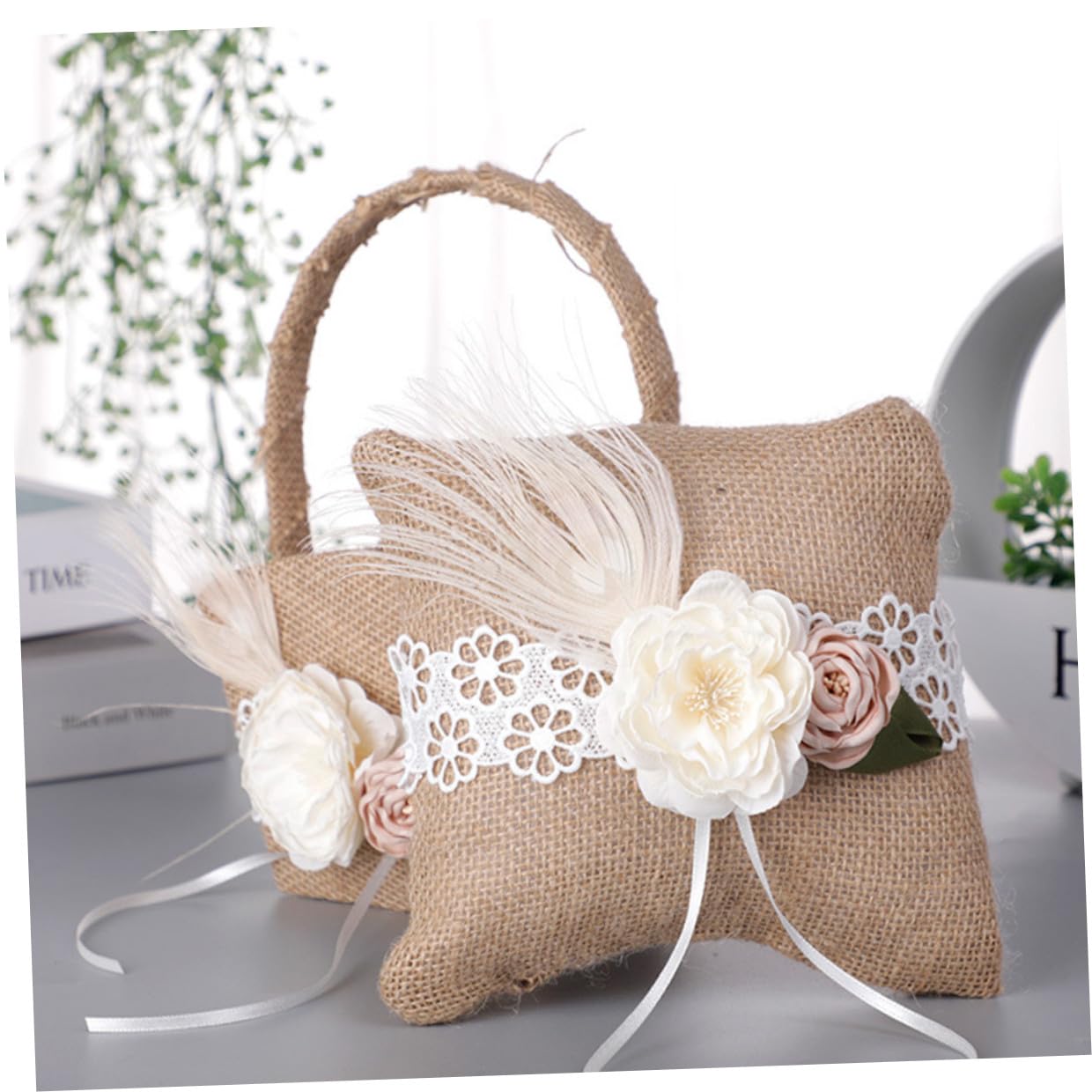 Coussin D'alliances Rond 1 Set en Lin pour Mariage Champêtre | Panier de Demoiselle D’honneur Couleur Café, Usage Fiançailles et Cérémonie, Finition Douce et Résistante