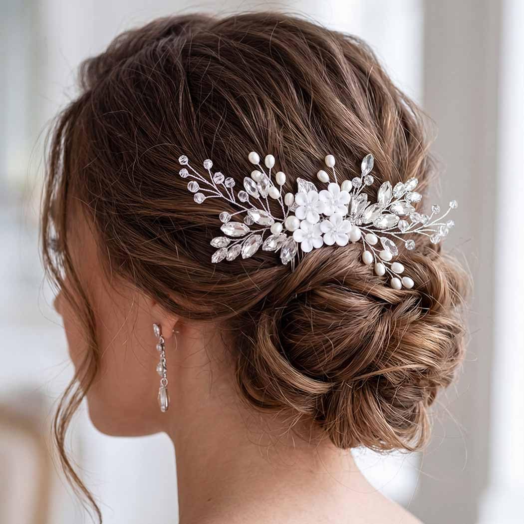 Unsutuo Flower Wedding Hair Combs Bridal Rhinestone Headpiece Silver Pearl Hair Accessories for Women and Girls