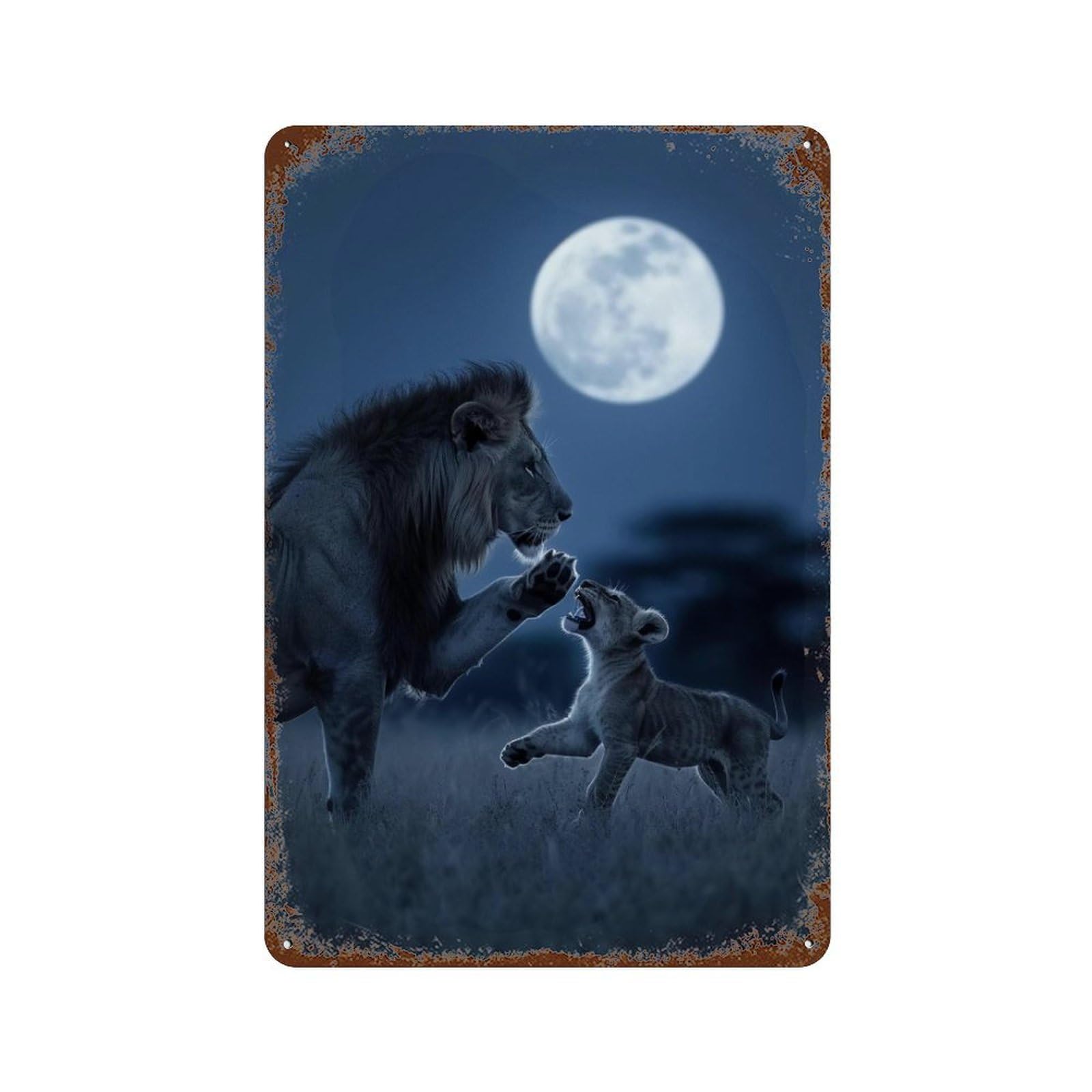 Rust Effect Lion Cub Playing Moonlight Rusty Metal Tin Sign 11.8"x7.9", Industrial Home Decor for Living Room, Hallway And Home Decor