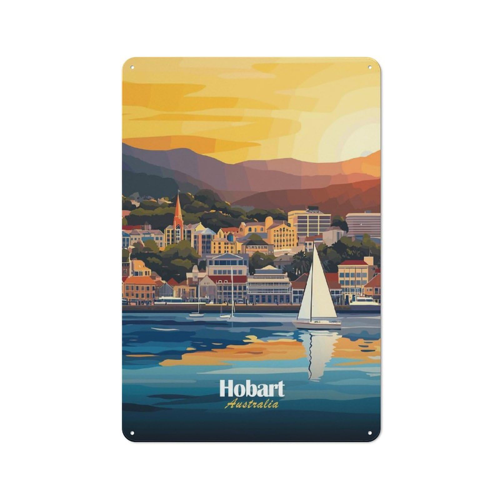 Hobart, Australia Cityscape Clean Industrial Metal Wall Decor 30x20cm, Decorative Metal Plaque for Workspace, Cafe, Hallway Or Garage