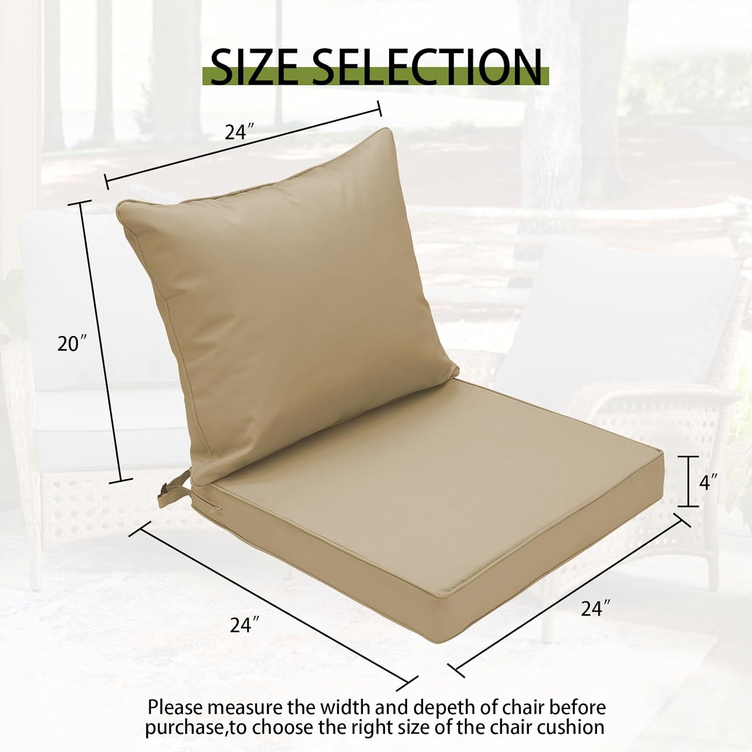 Outdoor Deep Seat Cushion Patio Seat and Back Cushion Set Seasonal Chair Cushion for Dining Arm Chairs, Wicker Chairs and Garden Furniture Decoration, 24"x24"x3", Beige
